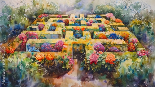 A watercolor painting of a garden maze with colorful flowers and a blue sky