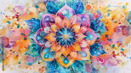A watercolor painting of a mandala with intricate patterns and vibrant colors.