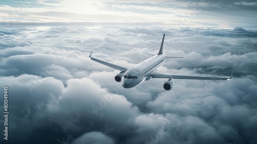 Commercial airplane flying above the clouds in a serene sky. Aviation and travel concept