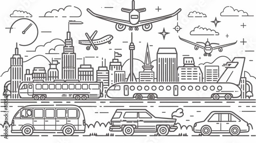Wallpaper Mural Line art illustrations of different modes of transportation, such as planes, trains, and automobiles. Torontodigital.ca