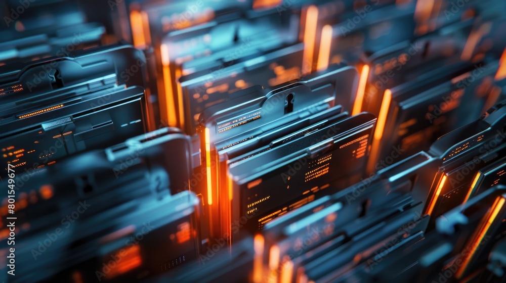 Futuristic Cybersecurity Data Center with Glowing Locks