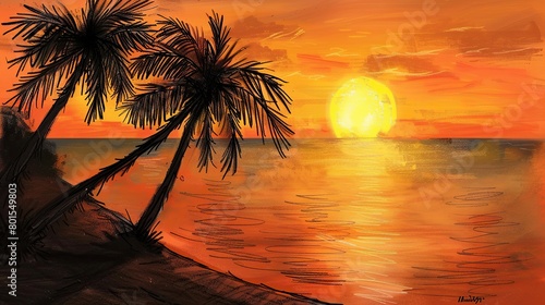 This is a painting of a sunset over the ocean. There are two palm trees in the foreground  and the sun is setting behind them. 