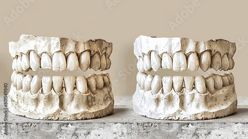Two dental models are displayed side by side, one of which is missing a tooth. The other model has a tooth missing, but it is not as noticeable. The models are made of a white material photo