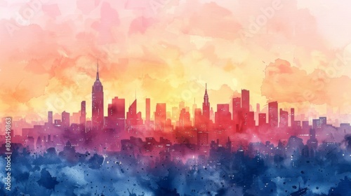 Colorful watercolor painting of the New York City skyline at sunset.