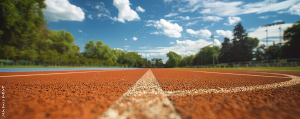 Ground level perspective of running track with clear blue sky. Sports ...
