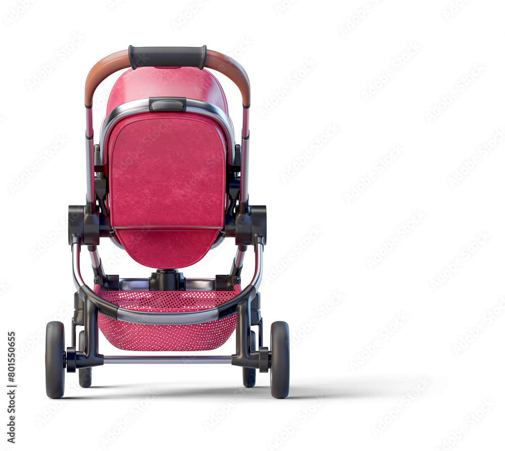 Red leather jogging baby stroller on transparent background. 3D render back view Red leather jogging baby stroller on transparent background. 3D render back view