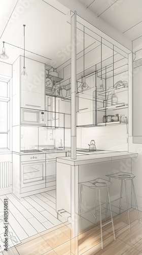 Modern kitchen design illustration with perspective drawing. Interior design concept for design and print