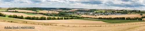 Extra Large panoramic view over the German countryside in Rhineland-Palatinate with trees, agriculture fields and hay © Werner