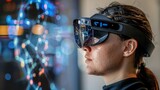A young woman wearing a AR VR headset interacting with virtual elements in an office environment, augmented virtual reality technology concept with defocused background