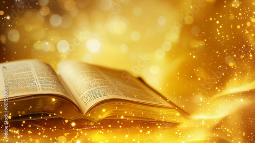 Open holy magical book on gold sparkly background