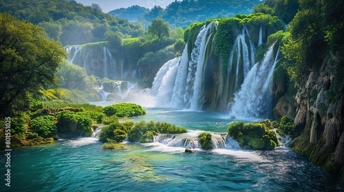A stunning waterfall in a lush green forest. The water is crystal clear and the sun is shining through the trees.  