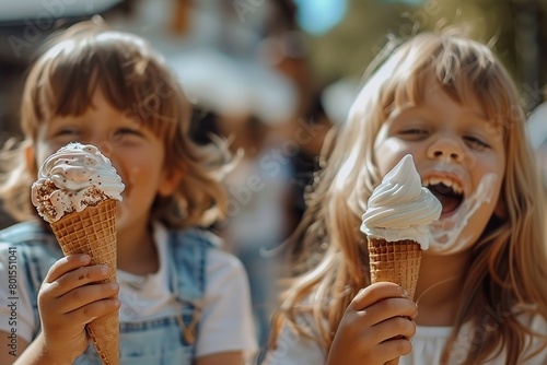 Heartwarming Scene of Two Adorable Children Relishing Cold Ice Cream Cones on a Sunny Day in a Lush Green Park