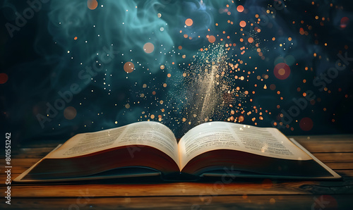 An open book with pages turning, casting sparkles of light on the table below it, symbolizing knowledge and inspiration