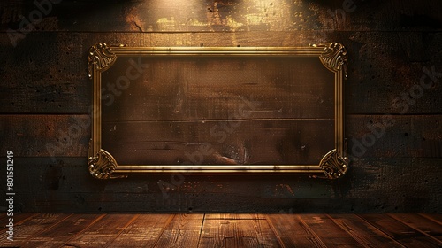 There is a dark wood frame with ornate gold trim on a brown patterned wall. There is a dim light above the frame.