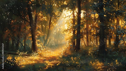 Golden sunlight filters through the dense foliage of a tranquil forest, dappling the forest floor with a mosaic of warmth and serenity