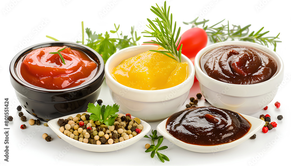 Group of natural sauces in bowls on white background Group of natural sauces in bowls on white background