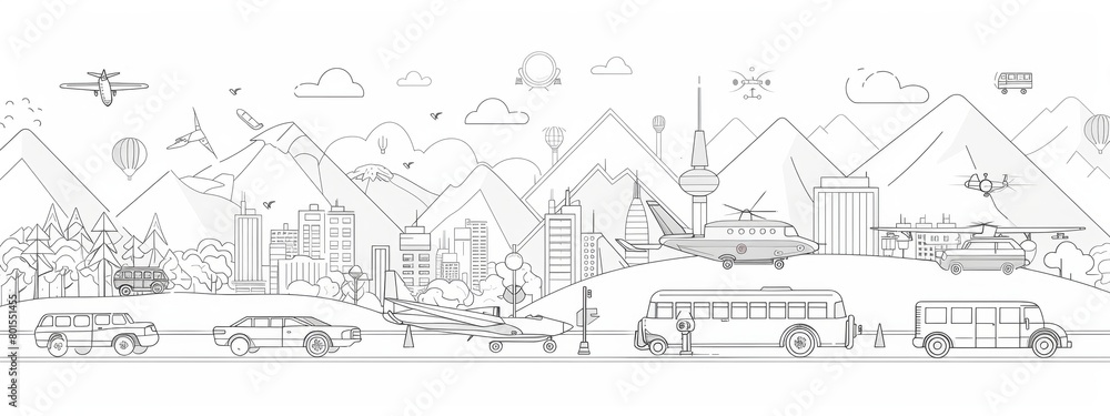 Obraz premium Line art illustrations of different modes of transportation, such as planes, trains, and automobiles.