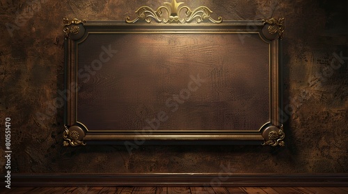 There is a dark wood frame with ornate gold trim on a brown patterned wall. There is a dim light above the frame.