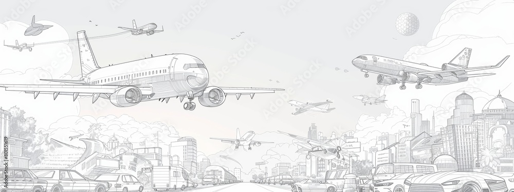 Fototapeta premium Line art illustrations of different modes of transportation, such as planes, trains, and automobiles.