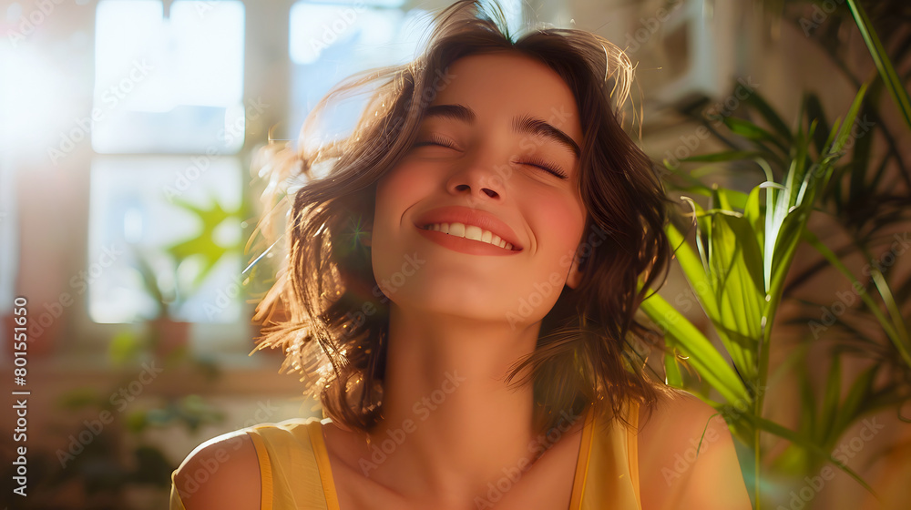 Radiant Young Woman Enjoying Sunshine Indoors. Generative AI Radiant Young Woman Enjoying Sunshine Indoors. Generative AI