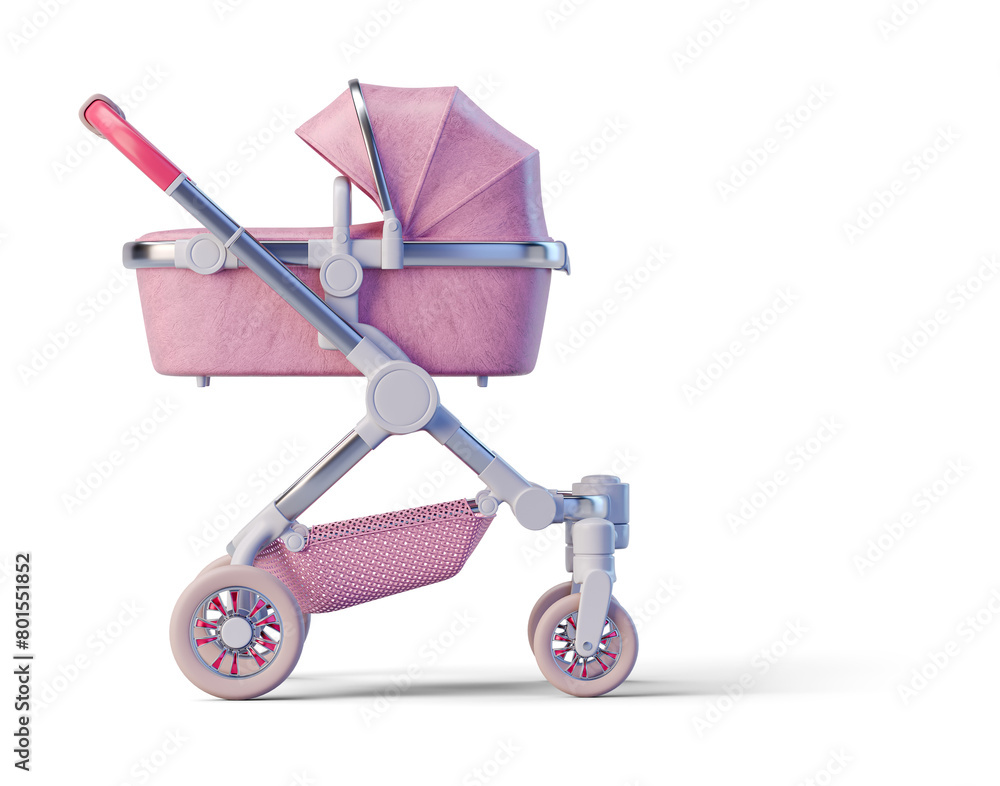 Pink leather baby stroller on transparent background. 3D render right view Pink leather baby stroller on transparent background. 3D render right view