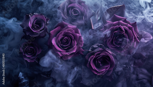 mystic purple roses in ethereal blue smoke artistic floral background