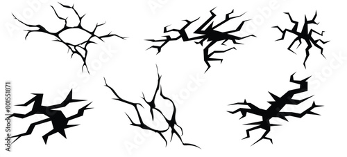 Ground split fracture line. Wall crack black silhouettes, earthquake effect. Fissure top view, surface damage and holes racy vector elements. fractures top view isolated on white background. eps 10.