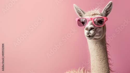 Llama with pink glasses on a pink background. Close-up studio animal portrait with copy space.