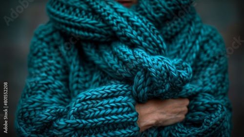  A tight shot of hands enswathed in a blue knitted scarf, arms crossed