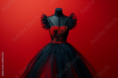 Elegant Black and Red Dress on Red Background in Studio