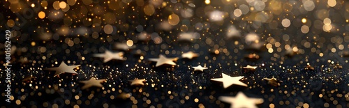 Golden Stars Brown Background. Shiny Festive Snow Wallpaper. Bokeh Dots Texture. AI generated illustration photo