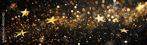 Golden Stars Brown Background. Shiny Festive Snow Wallpaper. Bokeh Dots Texture. AI generated illustration