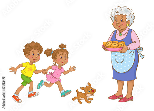 Children holding hands run to their grandmother who meets them with pies. Isolated on white background. Vector illustration. © Shvetsova Yulia