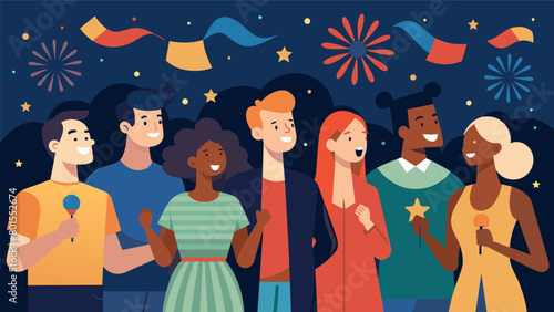 Everyone joining in to sing the national anthem before the fireworks display feeling grateful for their freedom and the wonderful community they live. Vector illustration