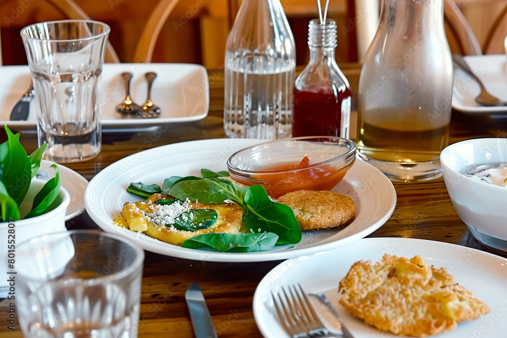 Toasts with cream cheese and spinach on a wooden table in a restaurant