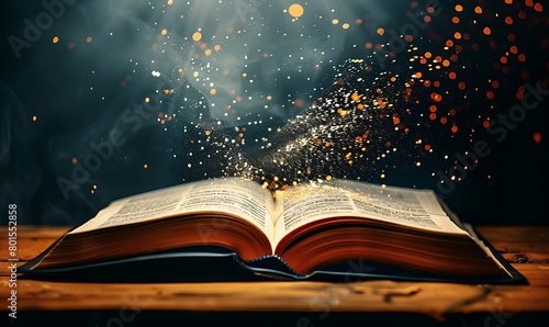 An open book with pages turning, casting sparkles of light on the table below it, symbolizing knowledge and inspiration