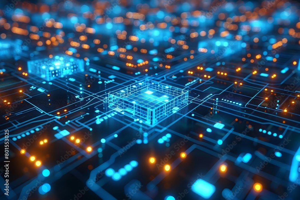 A glowing blue and orange circuit board with a glowing yellow core. A glowing blue and orange circuit board with a glowing yellow core.