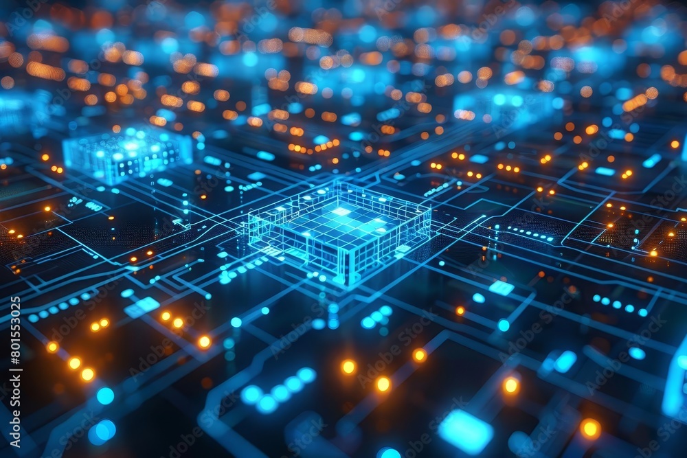 A glowing blue and orange circuit board with a glowing yellow core.