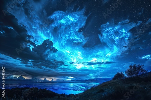 Surreal Blue Night Sky Over Tranquil Landscape