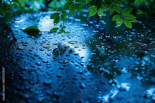 Fresh Rain Drops on a Still Water Surface with Green Leaves