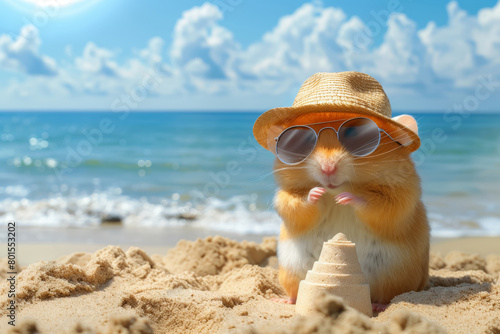 Hamster Building Sandcastle on Beach Cartoon © spyrakot