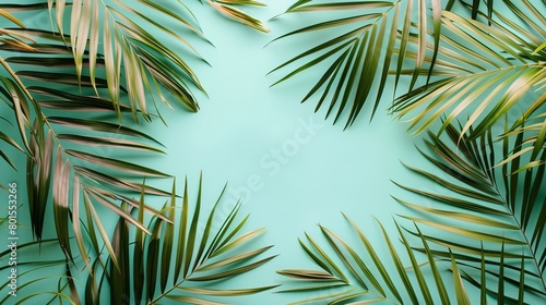 A palm leafy plant with a green background. The leaves are long and thin. Copy place.