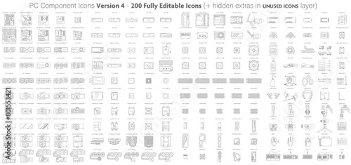The ONLY Complete set of Computer Component Icons of all known computer parts - FULLY Editable icons in Adobe Illustrator format - Version 4 (200 icons + various extras in "UNUSED ICONS" layer)