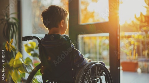 A young boy sits in a wheelchair, gazing out of a window.