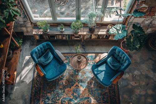 Living room interior with armchairs top view.