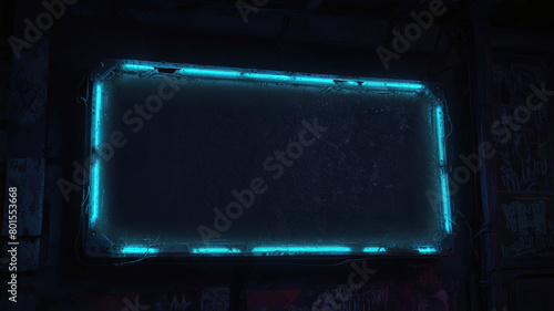 A concrete sign with a glowing blue neon frame on a background of concrete walls