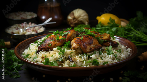 A savory and comforting bowl of chicken and rice with saut  C ed onions and spices.