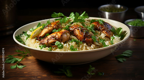 A savory and comforting bowl of chicken and rice with saut?(C)ed onions and spices.