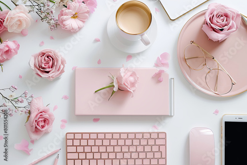 Pink keyboard and mouse are on a white background with pink flowers and a cup of coffee. Suggest a relaxed and comfortable atmosphere © Sunshine