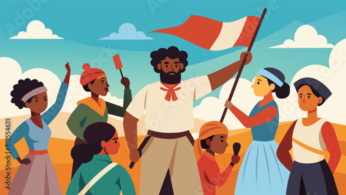 People of all ages participate in a reenactment of a slave revolt highlighting the bravery and resistance of people in fighting for their freedom.. Vector illustration